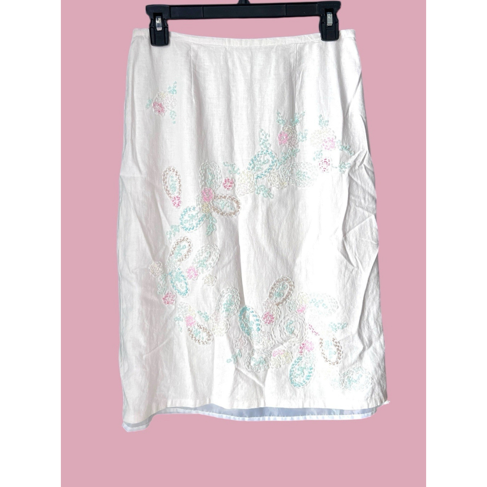 Edward Linen Blend Beaded Floral Pencil Skirt Ivory Size 4 Lined Pastel
